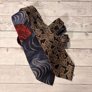 Ferracci Mens Silk Necktie Lot 2 Abstract Swirl Geometric Diamond Extra Long Tie